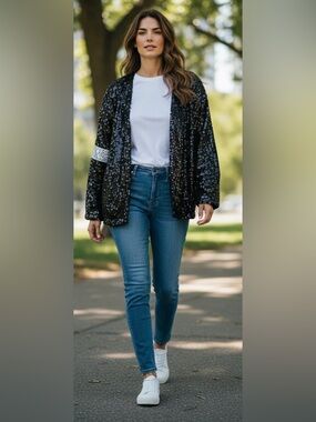 Sequin Open-Front Blazer Jacket in Black Size Medium